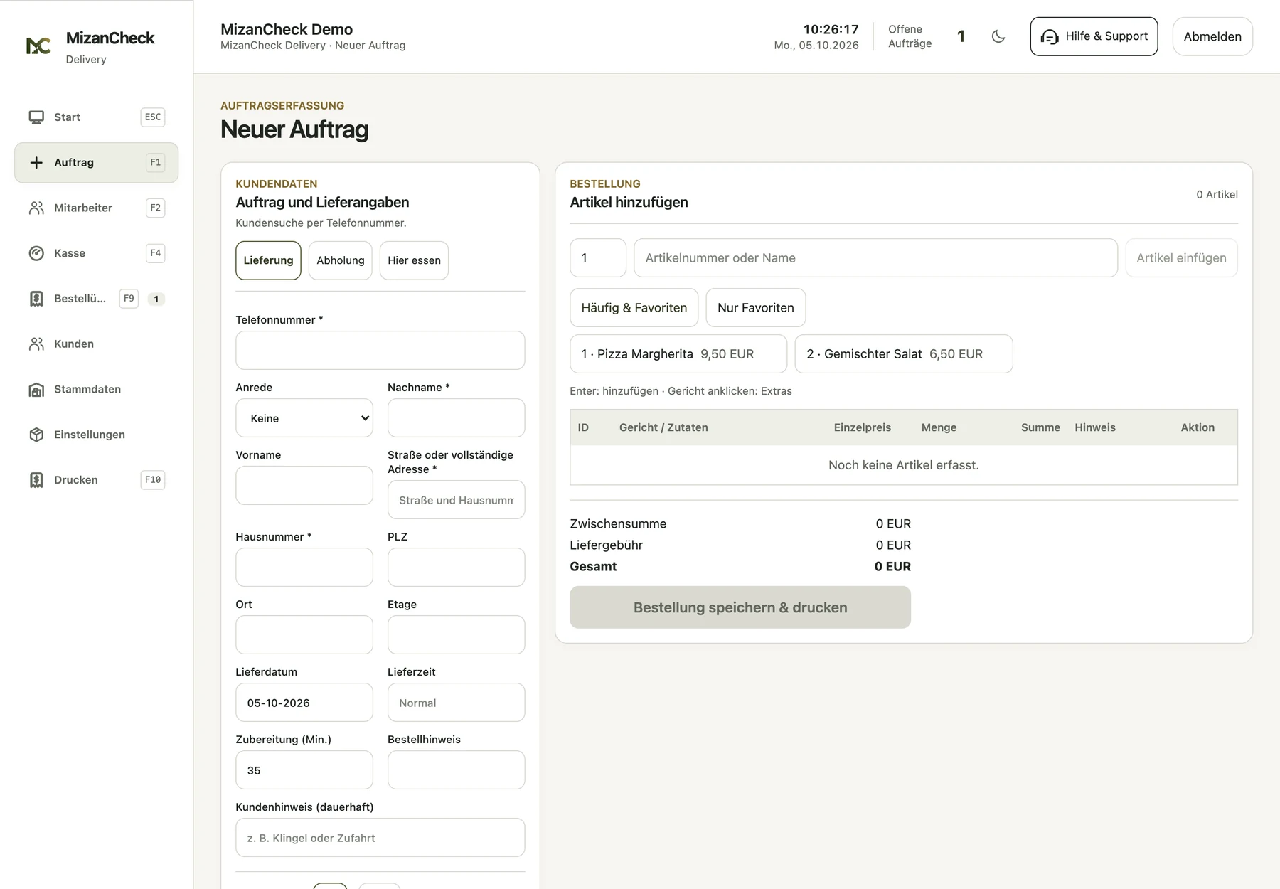 MizanCheck Delivery: Lieferung, Abholung oder Verzehr vor Ort – Kundendaten und Artikel in einer Ansicht.