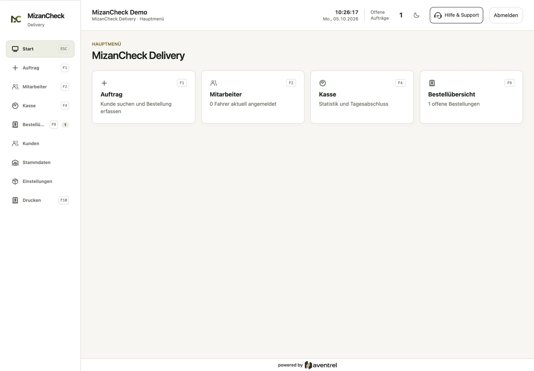 MizanCheck Delivery – Hauptmenü. Die nummerierten Markierungen erklären die Bereiche.