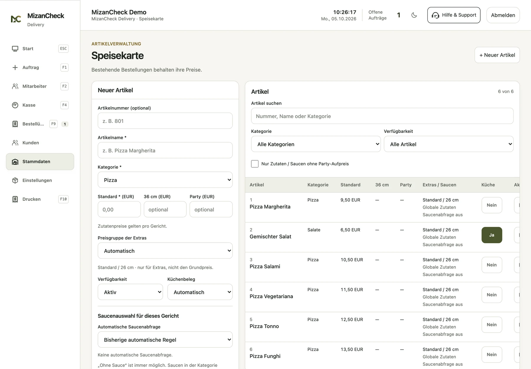 MizanCheck Delivery: Artikel, Preisstaffeln, Zutaten und Saucenauswahl verwalten.
