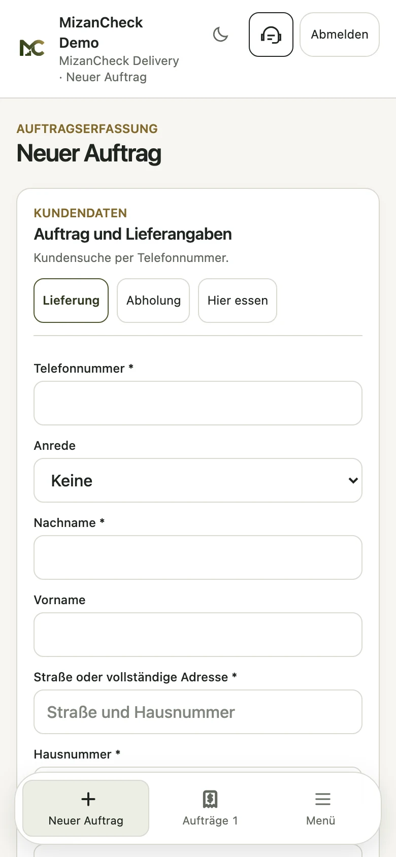 Handyaufnahme: MizanCheck Delivery – Auftrag erfassen