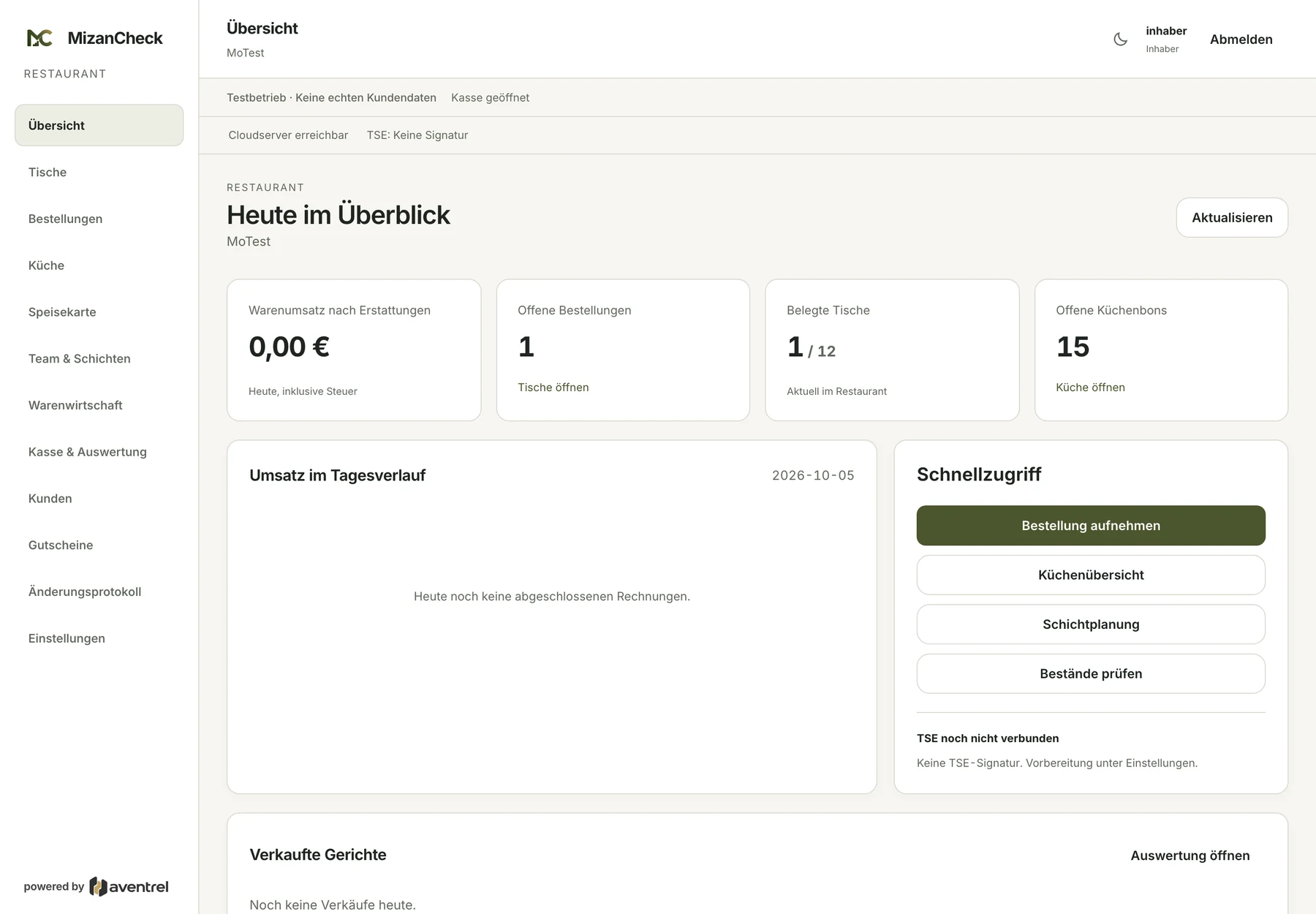 MizanCheck Restaurant am Computer: Übersicht mit Tageswerten, offenen Bestellungen und Schnellzugriffen. Beispieldaten, keine Geschäftsergebnisse.